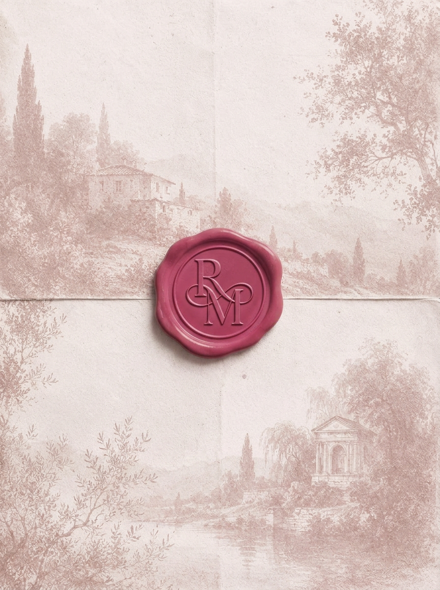 Convite em papel delicado com selo rosa e nosso monograma